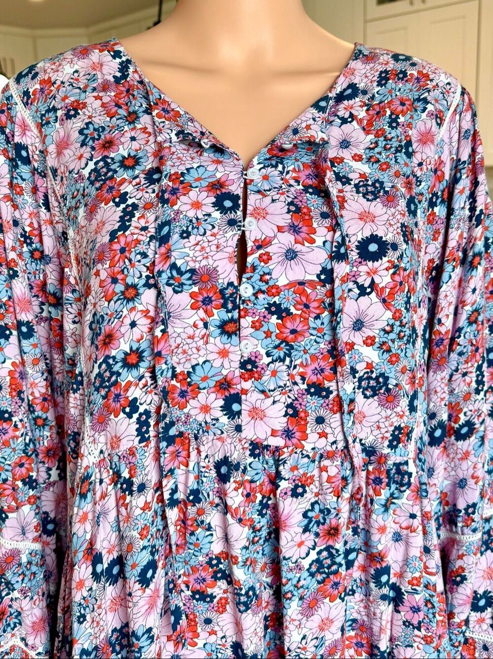 NWOT Natural Life Pink Floral Babydoll Mini Dress Boho Balloon Sleeve Medium - Picture 3 of 6